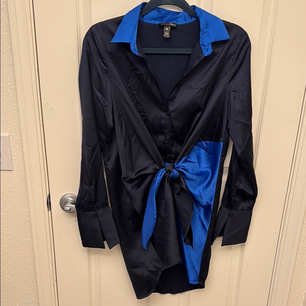 Express Black and Blue Satin Shirt Dress